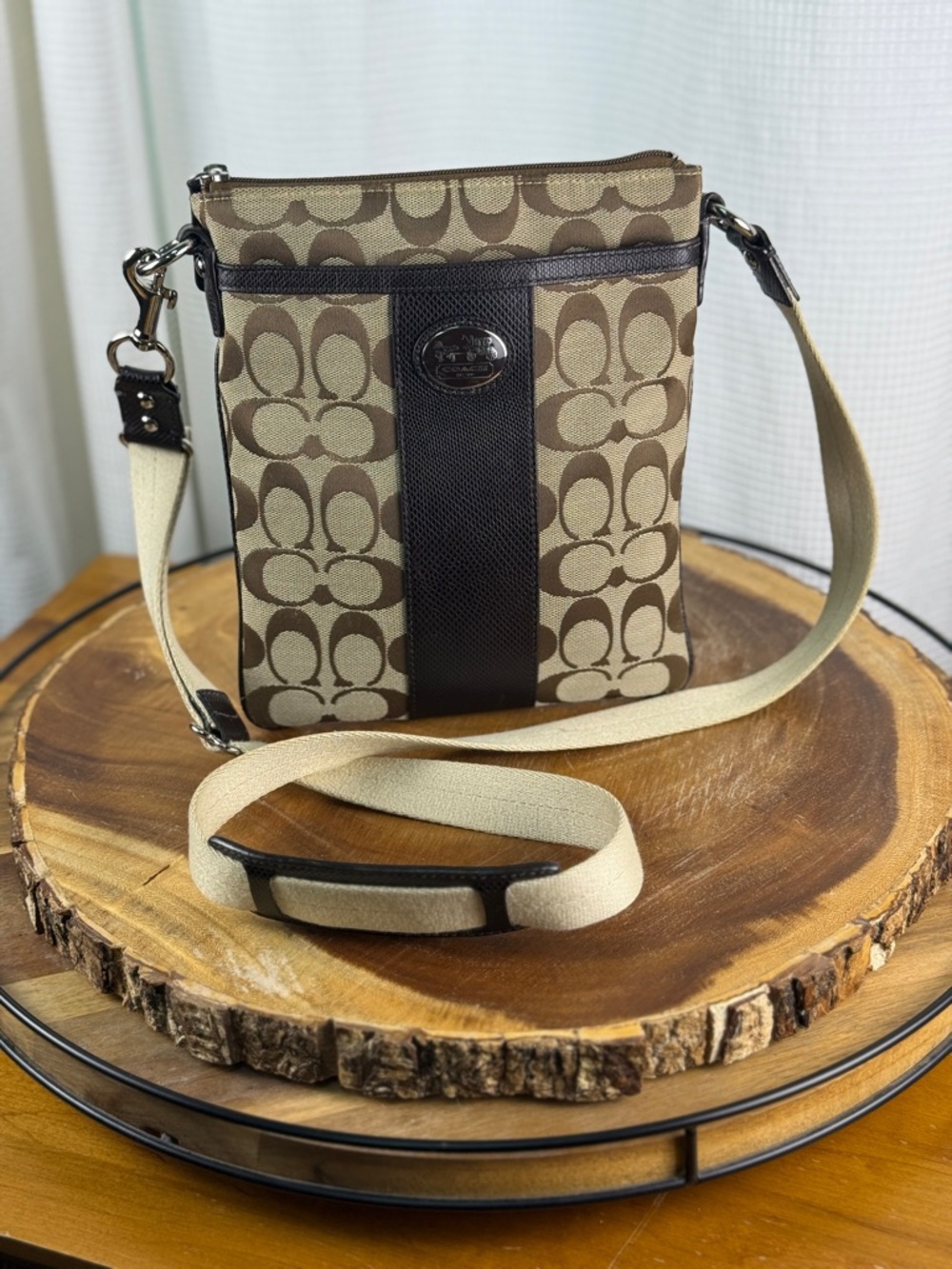 Coach Sutton Signature Swingpack Crossbody Bag - Khaki Brown Jacquard Slim Purse